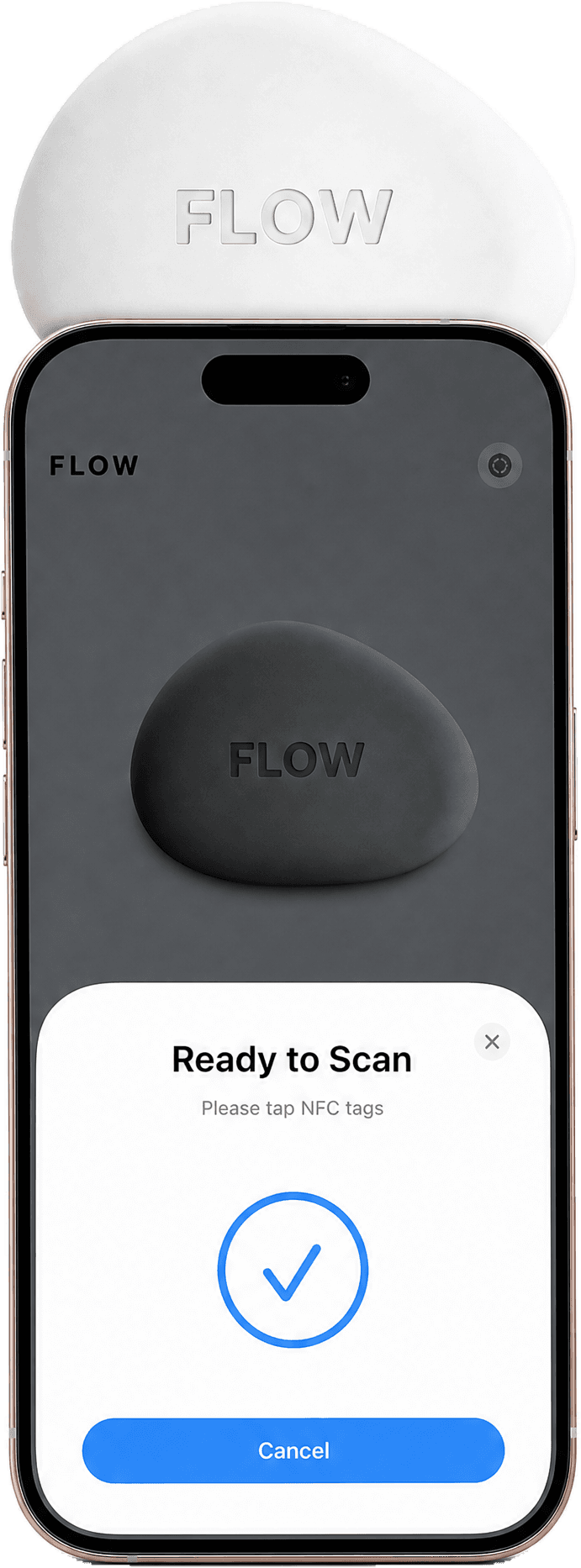 Une main approche l'iPhone du galet Flow pour scanner et débloquer ses apps.